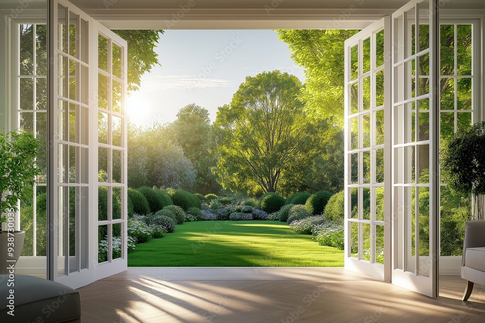 Beautiful garden view from an open patio door with lush green lawn, trees, and sunlight shining through, creating a serene and peaceful atmosphere. Beautiful garden view from an open patio door with lush green lawn, trees, and sunlight shining through, creating a serene and peaceful atmosphere.