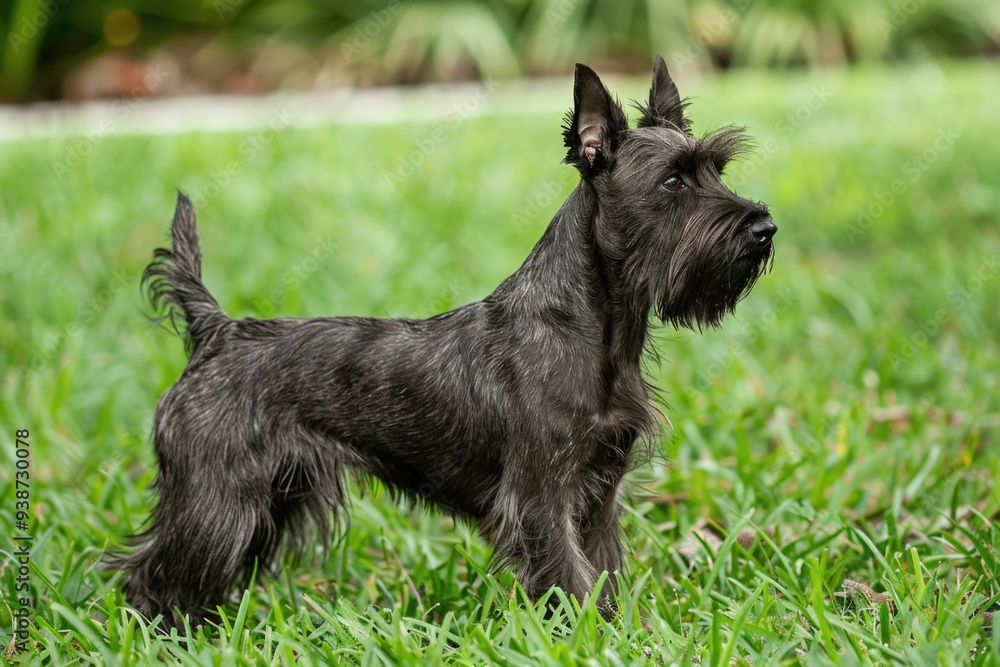 Scottish Terrier standing on green grass in a garden, displaying its rough coat and attentive posture. ai Scottish Terrier standing on green grass in a garden, displaying its rough coat and attentive posture. ai