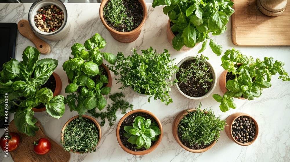 Top view of a variety of potted herbs on a kitchen counter, fresh ingredients for cooking, farm-to-table concept Top view of a variety of potted herbs on a kitchen counter, fresh ingredients for cooking, farm-to-table concept