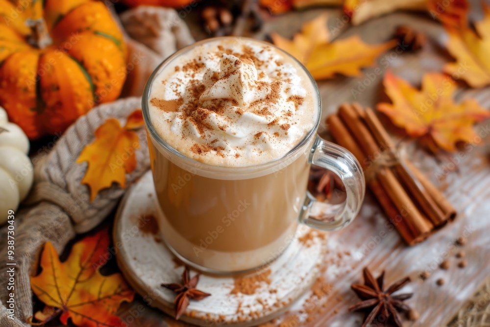 Pumpkin spice latte with whipped cream and cinnamon in a glass mug, surrounded by autumn leaves and pumpkins. ai Pumpkin spice latte with whipped cream and cinnamon in a glass mug, surrounded by autumn leaves and pumpkins. ai