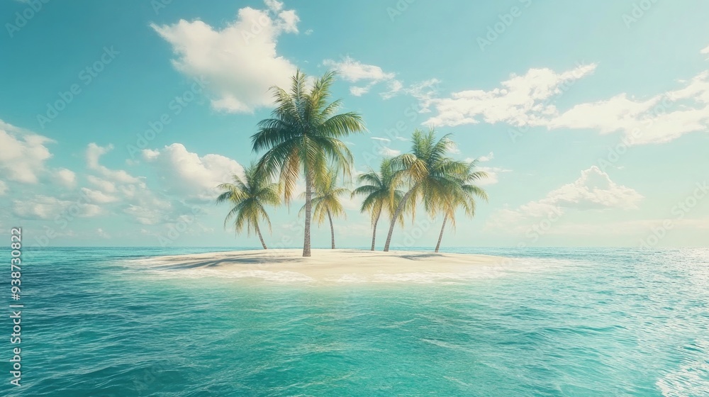 Tropical island with palm trees swaying in the breeze, turquoise water lapping at the sandy shore, serene and idyllic summer getaway Tropical island with palm trees swaying in the breeze, turquoise water lapping at the sandy shore, serene and idyllic summer getaway