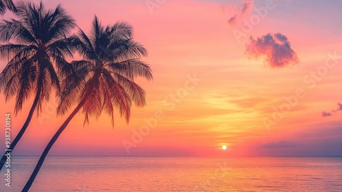 Tropical sunset over the ocean, palm trees silhouetted against the warm orange and pink sky, peaceful and serene summer evening by the beach