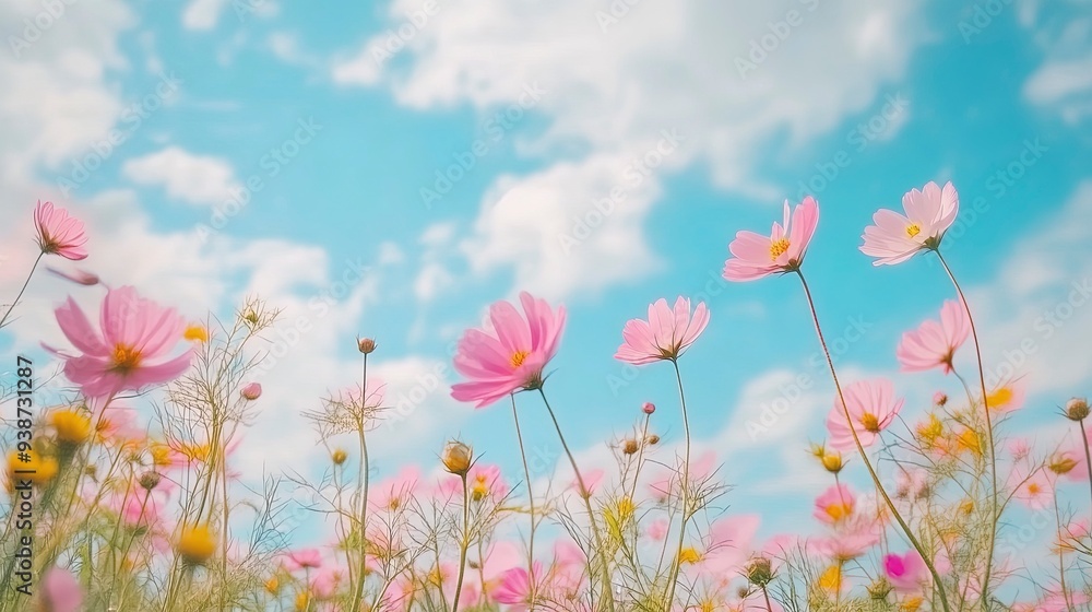 Beautiful cosmos flower field and blue sky. Low angle view nature cosmos flower wallpaper background. Generative ai Beautiful cosmos flower field and blue sky. Low angle view nature cosmos flower wallpaper background. Generative ai