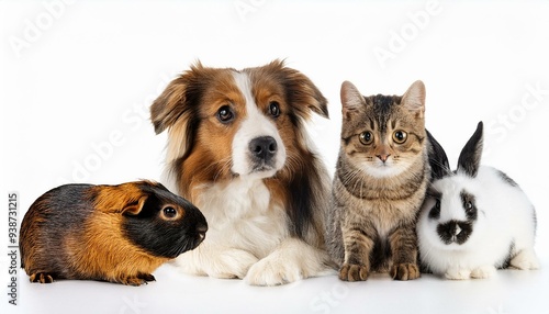 犬と猫とウサギとモルモットのポートレート（Group of dog and cat and rabbit and guinea pig portrait white background） 