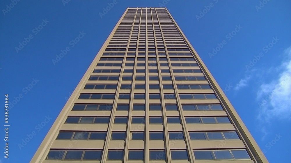 modern skyscraper, emphasizing its towering height and geometric patterns. The photo conveys a sense of chaos and power, reflecting the complexity of urban life modern skyscraper, emphasizing its towering height and geometric patterns. The photo conveys a sense of chaos and power, reflecting the complexity of urban life