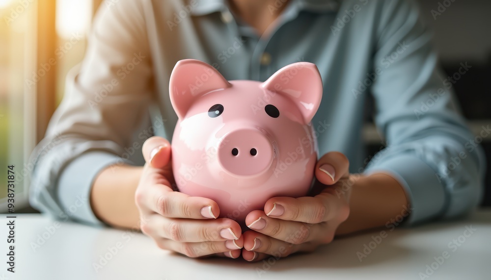 A person in a blue shirt holds a pink piggy bank with both hands, symbolizing savings and financial security, bathed in warm sunlight. A person in a blue shirt holds a pink piggy bank with both hands, symbolizing savings and financial security, bathed in warm sunlight.
