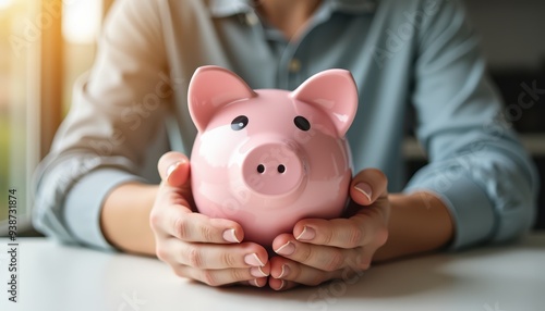 A person in a blue shirt holds a pink piggy bank with both hands, symbolizing savings and financial security, bathed in warm sunlight.