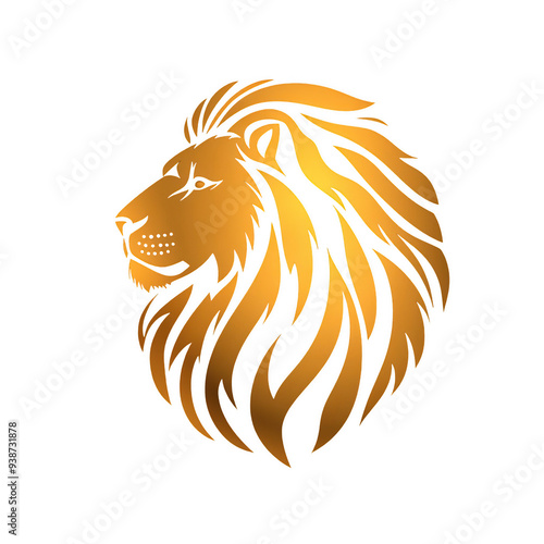 A regal and powerful golden lion head illustration with a black background. This illustration is perfect for use in logos branding and design projects. photo