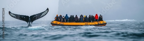 A group of tourists participating in a whale-watching tour that prioritizes the safety and well-being of marine life, highlighting the conservation-centered approach of eco-tourism photo