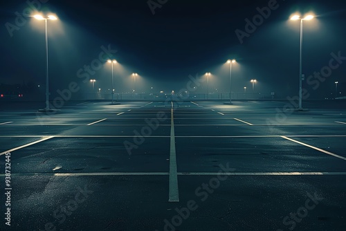 Moody, empty parking lot at night with bright streetlights illuminating foggy surroundings, evoking a sense of calm and mystery.