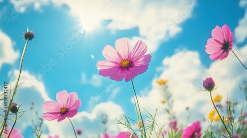 Beautiful cosmos flower field and blue sky. Low angle view nature cosmos flower wallpaper background. Generative ai