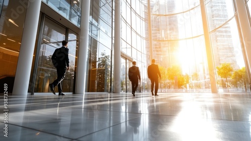 Business professionals in formal attire walking through a sleek modern entrance