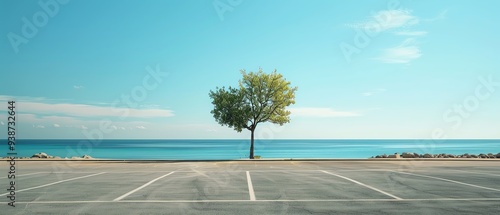 Lonely tree standing in an empty parking lot by the serene ocean under a clear blue sky. Perfect for nature and landscape themes.