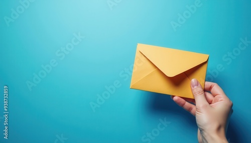 A hand holds a sealed yellow envelope against a vibrant blue background, suggesting the anticipation of receiving or sending news or correspondence.