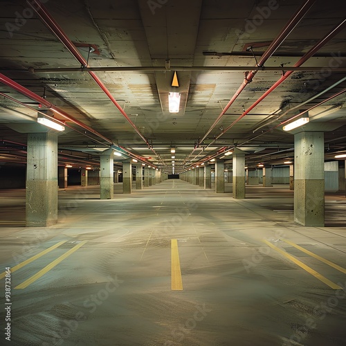 Empty underground parking garage with concrete pillars and ceiling lights, casting shadowed yellow lines on the floor.