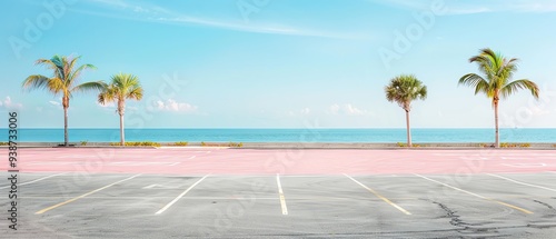 Empty beach parking lot with palm trees and ocean view under a clear blue sky. Perfect tropical getaway scene.