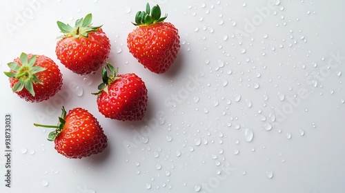 Five Strawberries with Water Drops on a White Surface