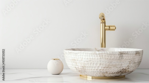 Elegant bathroom sink with a golden faucet on a white marble countertop. Minimalistic and stylish decor in a modern bathroom.