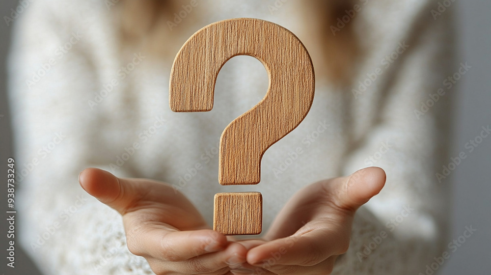 woman's hand holds a wooden question mark against a blurred, chaotic background, symbolizing uncertainty, curiosity, and the search for answers in a complex world woman's hand holds a wooden question mark against a blurred, chaotic background, symbolizing uncertainty, curiosity, and the search for answers in a complex world