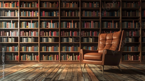 Cozy armchair in a spacious wooden library filled with books. Perfect space for reading, studying, and relaxation.