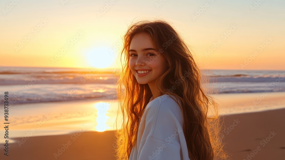 Girl standing in the sand at the beach with a delighted smile Girl standing in the sand at the beach with a delighted smile