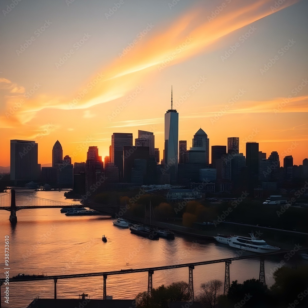 Obraz premium Breathtaking sunset over modern city skyline, the vibrant colors reflecting on river, Ideal for travel, urban lifestyle, or real estate 