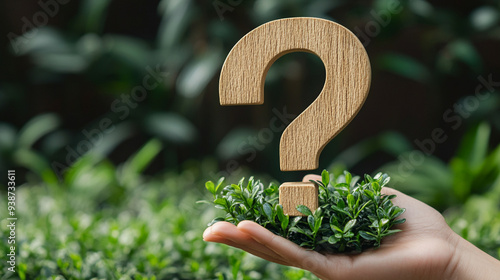 woman's hand holds a wooden question mark against a blurred, chaotic background, symbolizing uncertainty, curiosity, and the search for answers in a complex world photo