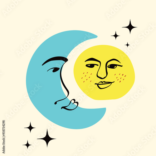 Sun and moon with a lovely face. Freaky quirky moon . Card in modern cartoon style