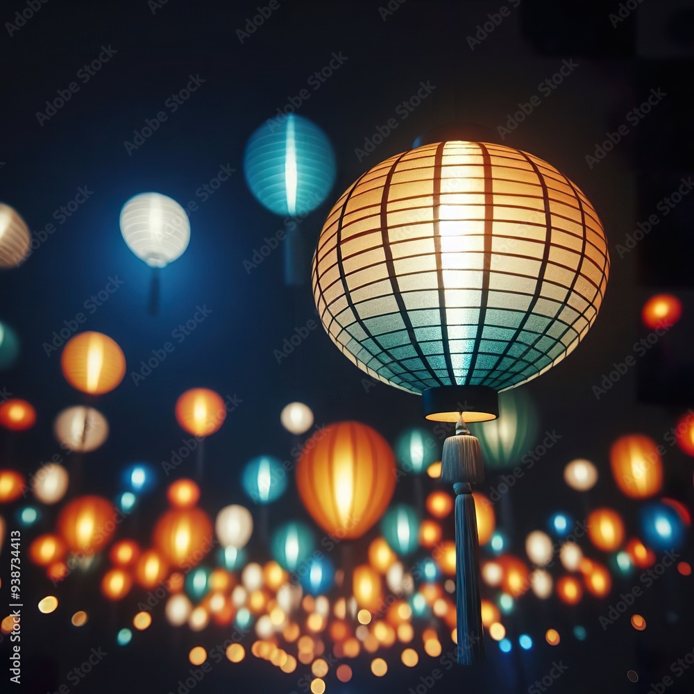 Obraz premium Glowing colorful paper lantern hanging light at night, mid autumn festival