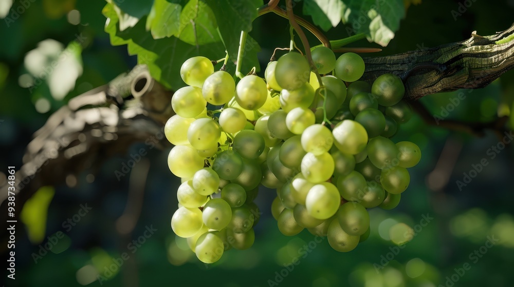 A cluster of green grapes hanging from a vine, illuminated by sunlight, with leafy greenery in the background, showcasing a fresh and vibrant scene. A cluster of green grapes hanging from a vine, illuminated by sunlight, with leafy greenery in the background, showcasing a fresh and vibrant scene.
