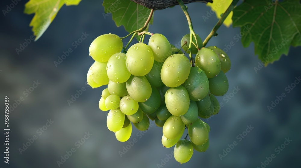 Close-up of a bunch of green grapes hanging from a vine, with lush green leaves and a serene, slightly blurred background. Close-up of a bunch of green grapes hanging from a vine, with lush green leaves and a serene, slightly blurred background.