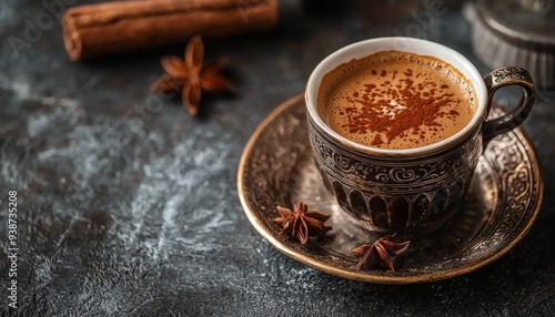 a cup of traditional turkish coffee on a decorated table