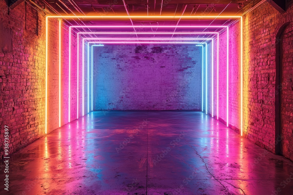 Vibrant neon lit corridor creating dynamic light patterns Vibrant neon lit corridor creating dynamic light patterns