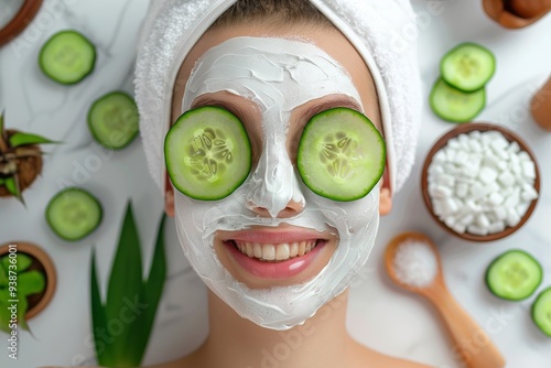 Beautiful young female lying down on white towel with cucumbers slices to masks face.