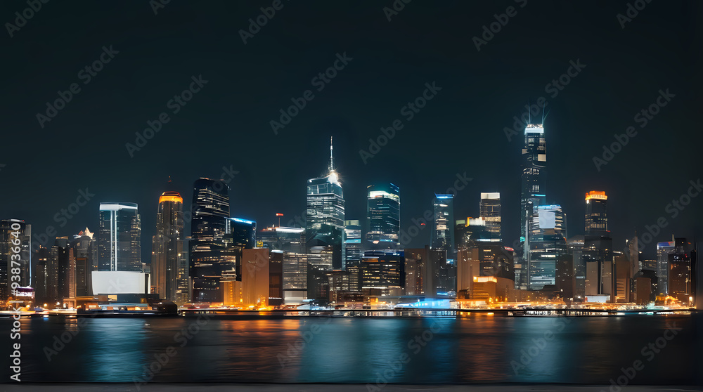 nighttime view of a city skyline with a river and a boat nighttime view of a city skyline with a river and a boat