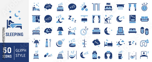 Sleeping icon set. Related to sleep, bedroom, dream, pillow, bed, alarm clock, insomnia, night and rest icons. Solid icon collection.