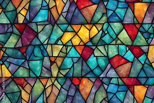 A stained glass inspired pattern with bright fragmented colors and bold outlines, AI Generated