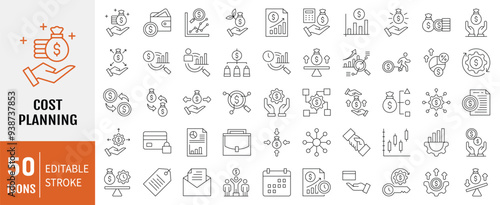 Cost planning line icon set. Containing as budget, expense, investment, estimate, overhead, funding and more.  Vector illustration