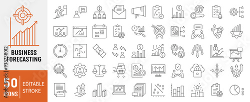 Business forecasting Line icon set. Containing as prediction, analyze, data, trend, budgeting, accuracy, strategy icon. Vector Illustration