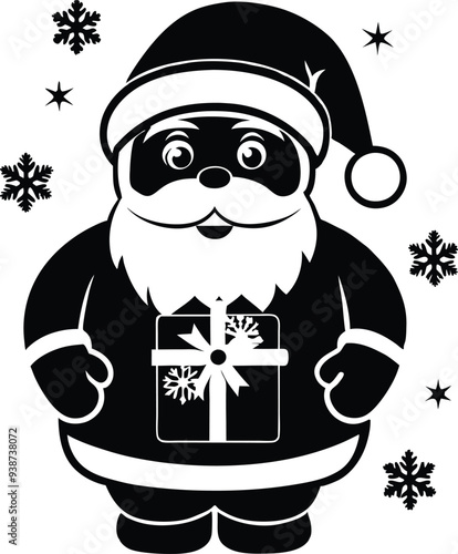 santa with around. small snowflakes illustration black and white