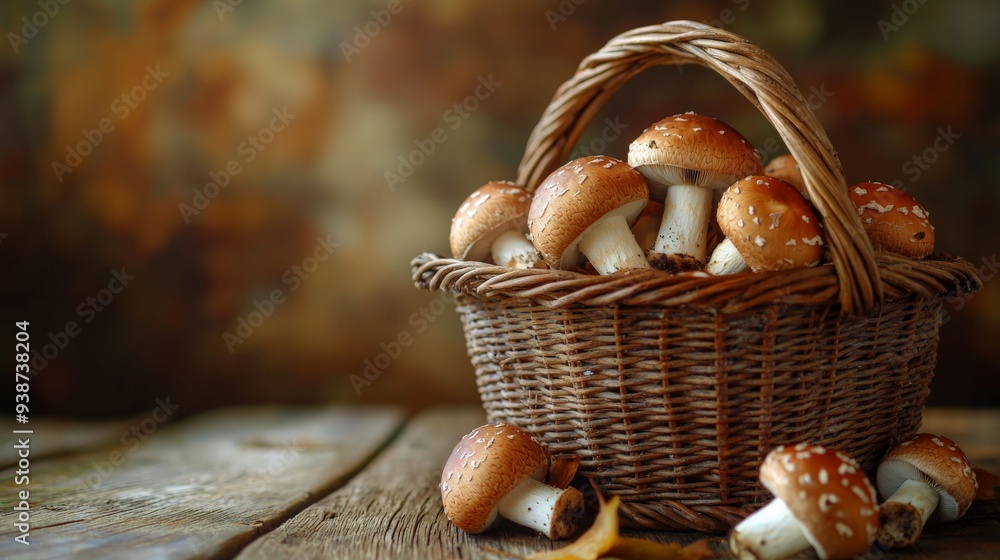 a brown wooden wicker basket on a table filled with mushrooms a brown wooden wicker basket on a table filled with mushrooms