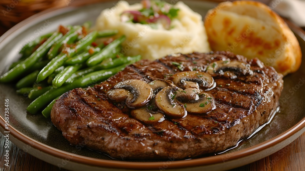 A juicy, grilled ribeye steak cooked to perfection, served with a side of creamy mashed potatoes, steamed green beans, and a rich mushroom sauce A juicy, grilled ribeye steak cooked to perfection, served with a side of creamy mashed potatoes, steamed green beans, and a rich mushroom sauce