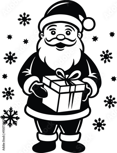 santa with around. small snowflakes illustration black and white