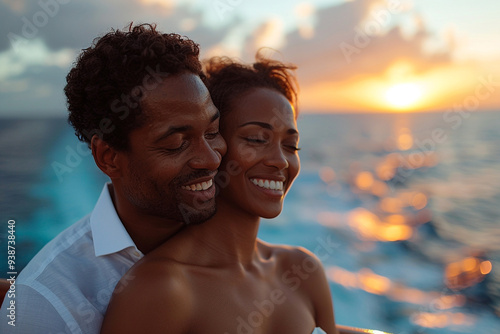 On a sunny summer day, a black married couple revels in panoramic view of sparkling ocean from deck of a luxurious cruise ship, basking in warm glow of sunset as they savor joy of their journey toget photo