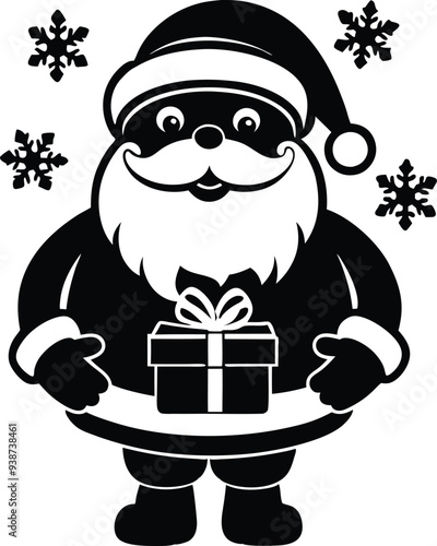 santa with around. small snowflakes illustration black and white