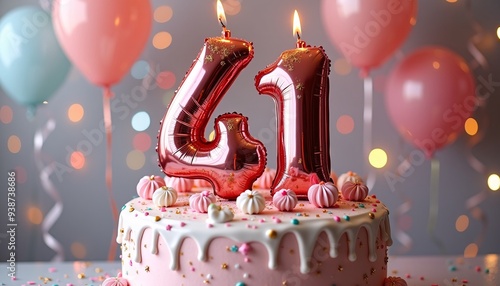 Number 41st Birthday Balloon Celebration Cake, Adorned with Sparkling Confetti, Stars, Glitters, and Streamer Ribbons for a Festive Atmosphere photo