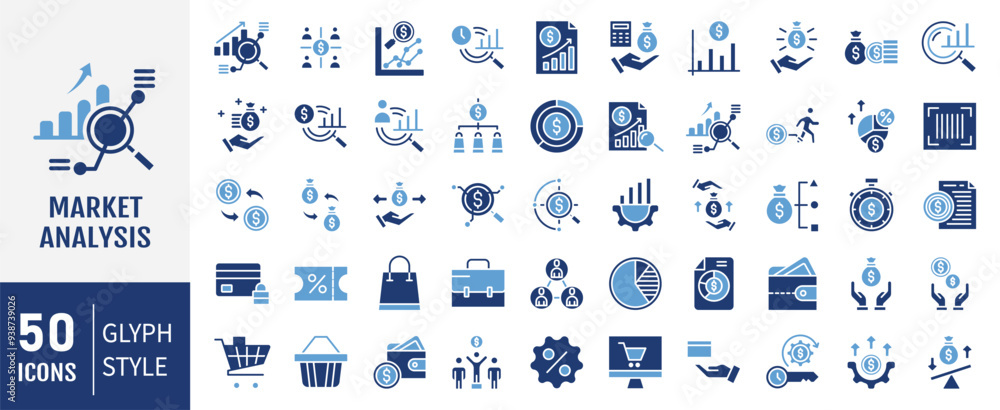 Fototapeta premium Market analysis icon set. Containing segmentation, trends, data, sales, analysis icon. Simple flat vector illustration