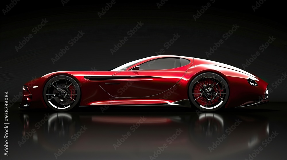 Red sports car with distinctive curved body and black wheels on reflective surface emphasizing luxury automotive design and performance Red sports car with distinctive curved body and black wheels on reflective surface emphasizing luxury automotive design and performance