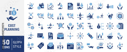 Cost planning flat icon collection set. Containing budget, expense, investment, estimate, overhead, funding icon. Simple flat vector illustration