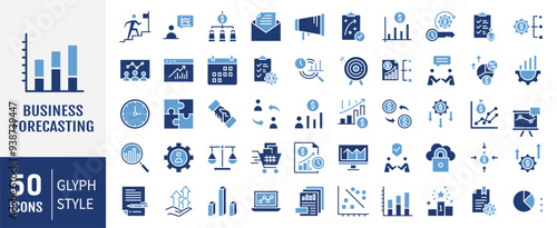 Business forecasting flat icon collection set. Containing prediction, analyze, data, trend, budgeting, accuracy, strategy icon. Simple flat vector illustration